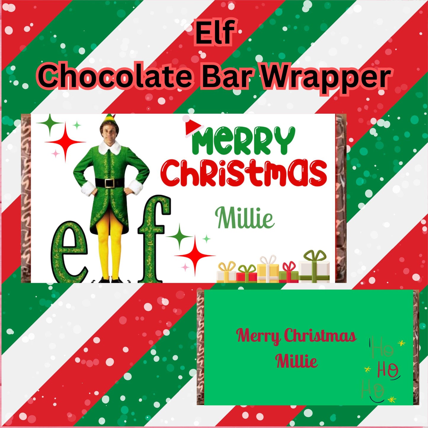 Personalised Elf Chocolate Bar Wrapper Christmas Xmas Present Gift Stocking Filler Buddy