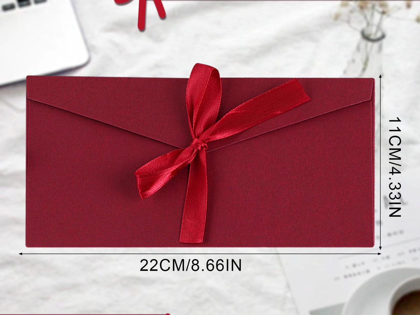 Red Bow Tied Envelope with Ribbon, Voucher Envelope, Christmas, Luxury Money Envelope, Christmas Gift, Christmas Gifts 22cm x 11cm, DL Size