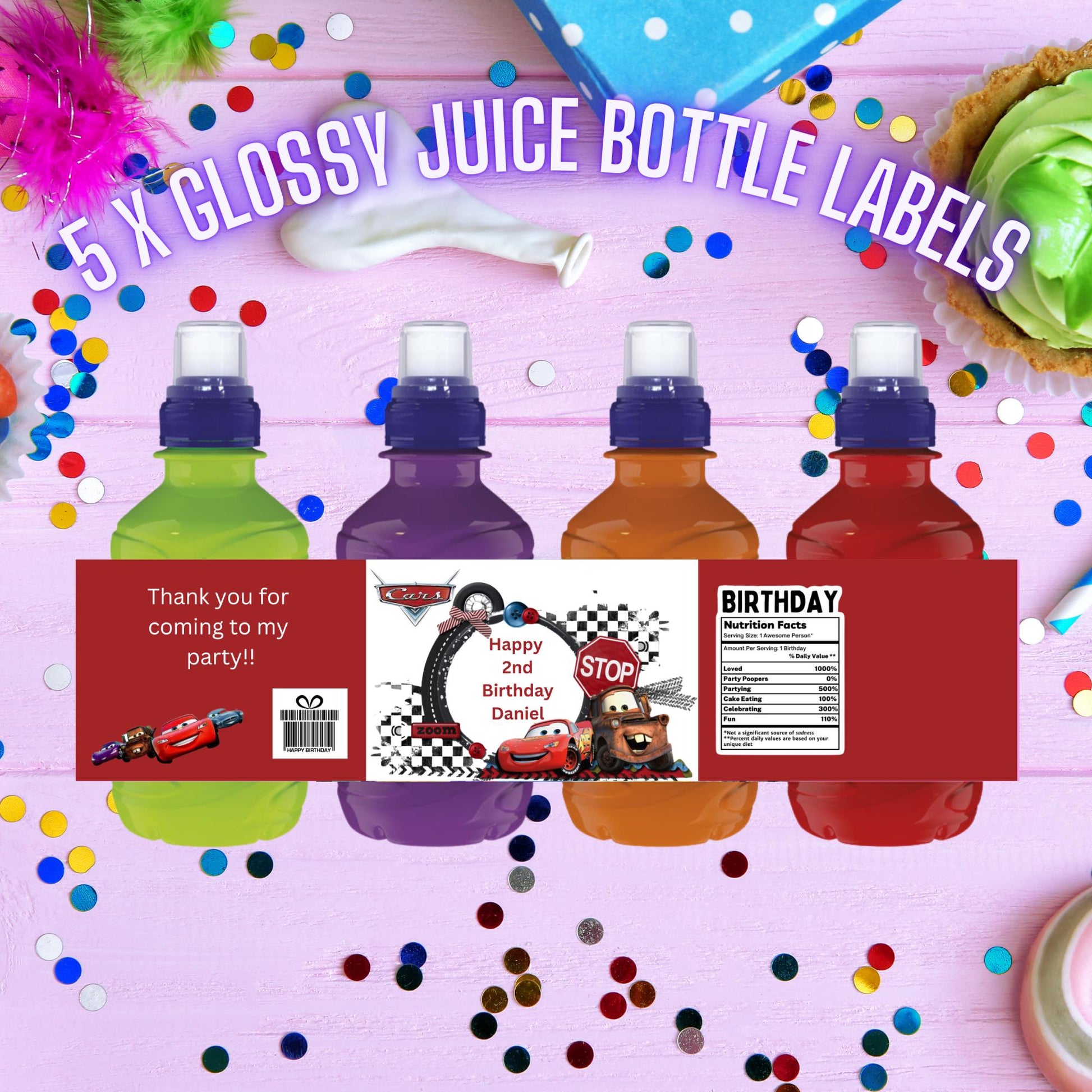 Personalised Disney Cars Fruit Shoot bottle labels for children's birthday parties