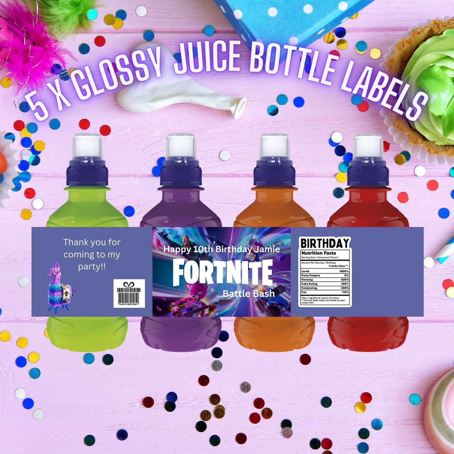 Personalised Fortnite  Battle Royale Fruit Shoot bottle labels for children's birthday parties