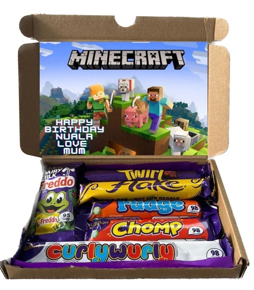 Chocolate Kids Gift Selection Box Personalised Hamper Minecraft Barbie And More Choose Cadbury or Kinder