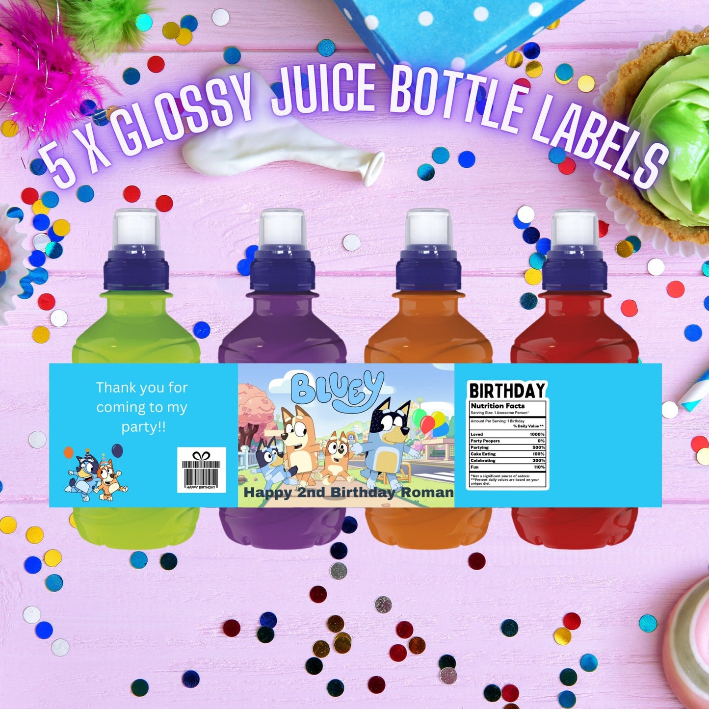 5 X Bluey Personalised Fruit Shoot & Water Bottle Wrapper Labels Birthday Novelty Party Bag Fillers