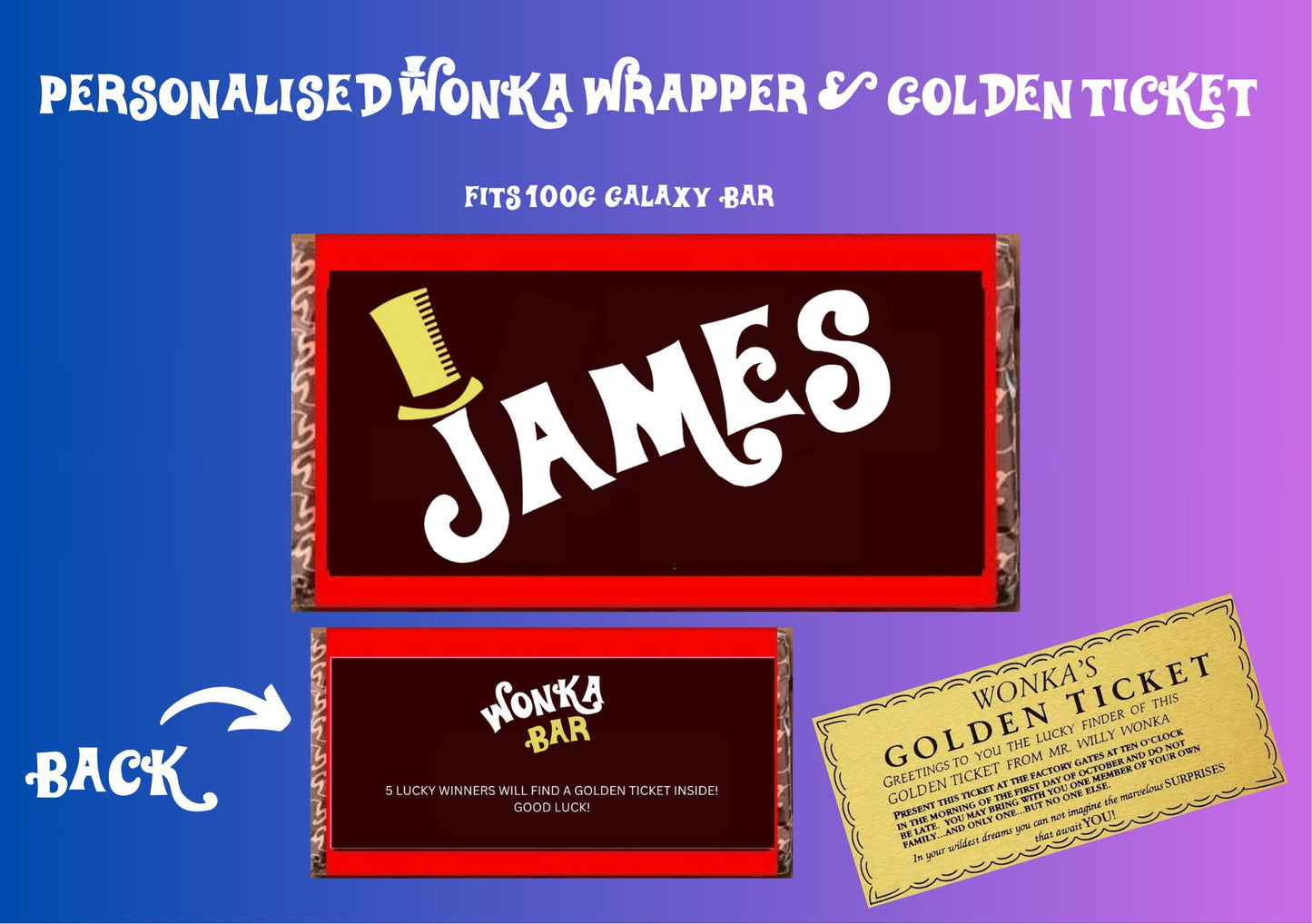 Personalised Wonka Chocolate Bar Wrapper + Golden Ticket Birthday Christmas Easter Gift