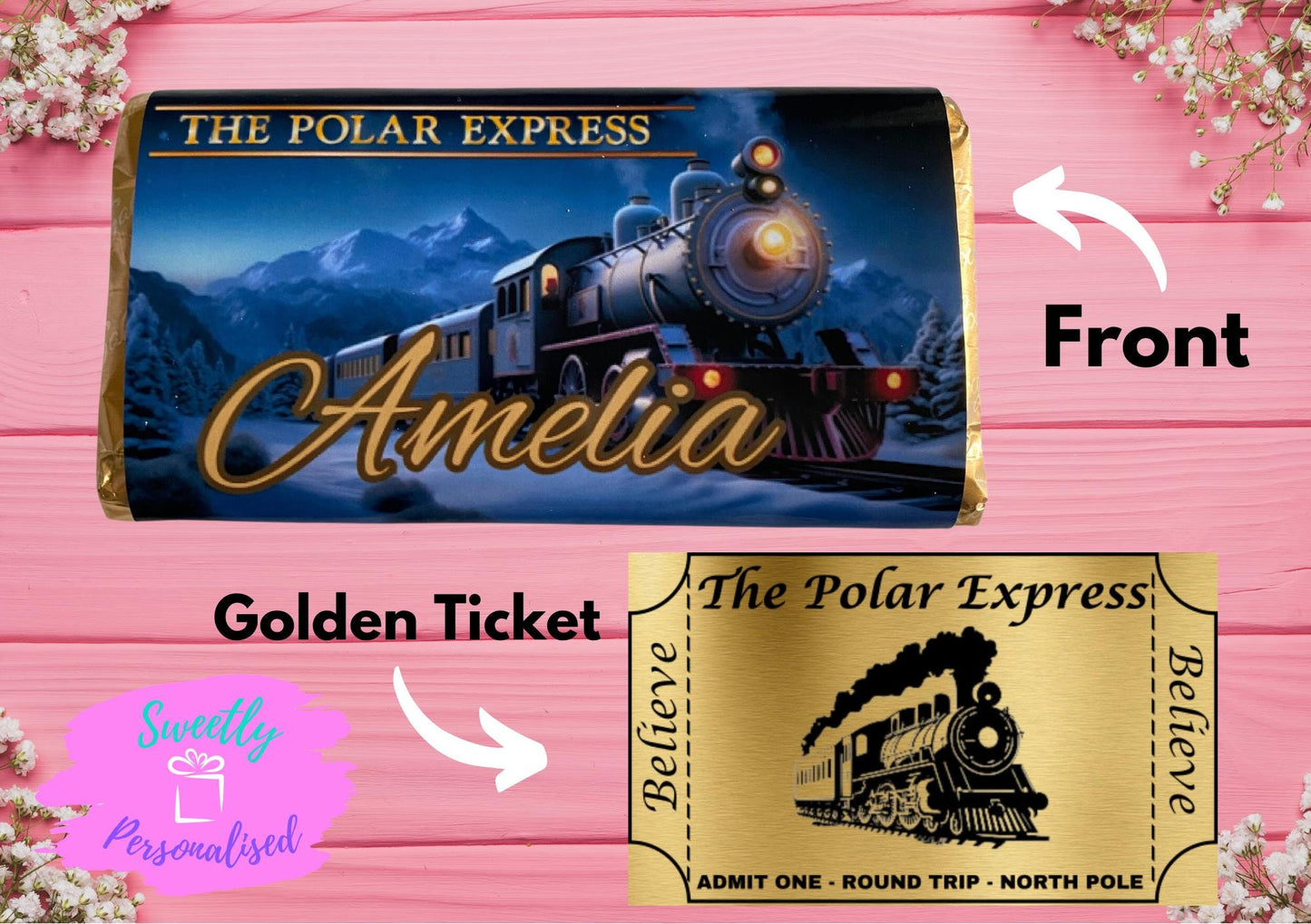 Personalised Polar Express Chocolate Bar Wrapper + Golden Ticket Christmas Gift