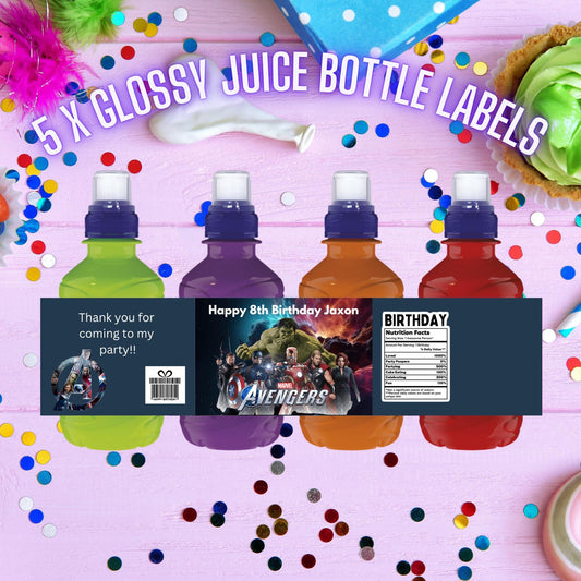 5 X Marvel Avengers Personalised Fruit Shoot Wrapper Labels Birthday Novelty