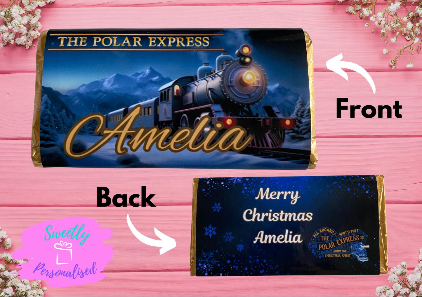 Personalised Polar Express Chocolate Bar Wrapper + Golden Ticket Christmas Gift