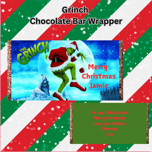 Personalised Grinch Chocolate Bar Wrapper Christmas Xmas Present Gift Stocking Filler