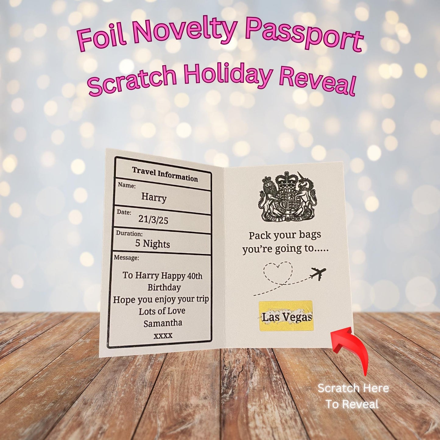 Personalised Holiday Travel Surprise Reveal Scratch Off Foil Novelty Passport, Scratch Card, Scratch Off Voucher, Scratch Surprise Passport
