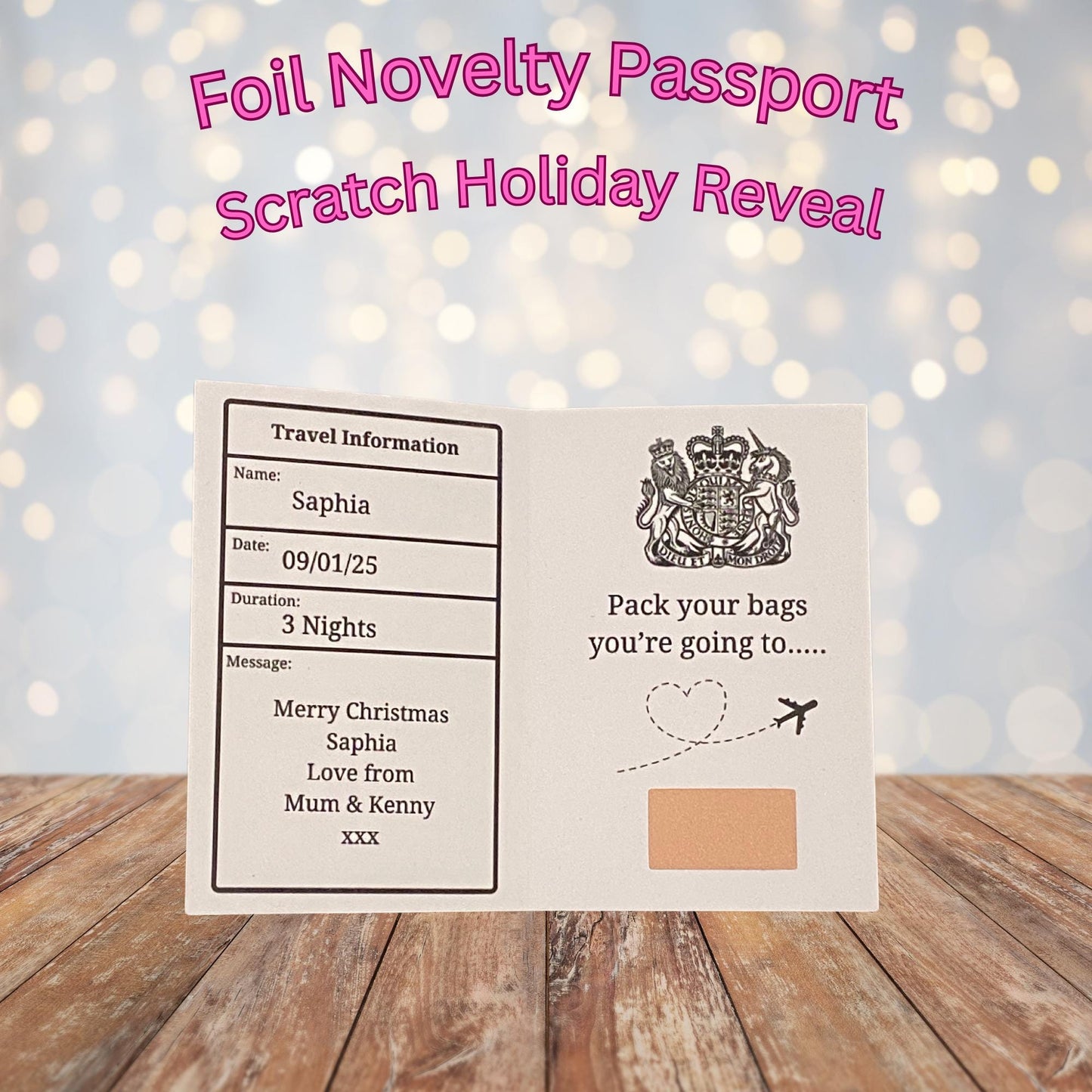 Personalised Holiday Travel Surprise Reveal Scratch Off Foil Novelty Passport, Scratch Card, Scratch Off Voucher, Scratch Surprise Passport