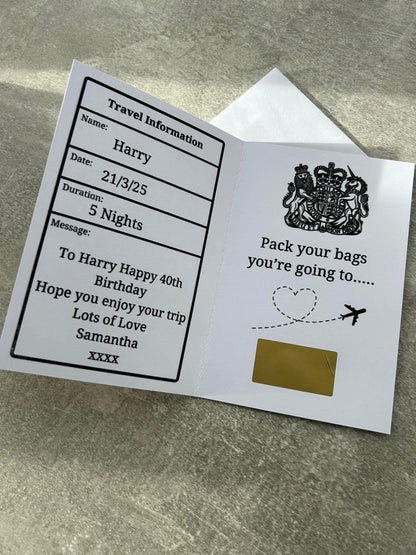Personalised Holiday Travel Surprise Reveal Scratch Off Foil Novelty Passport, Scratch Card, Scratch Off Voucher, Scratch Surprise Passport