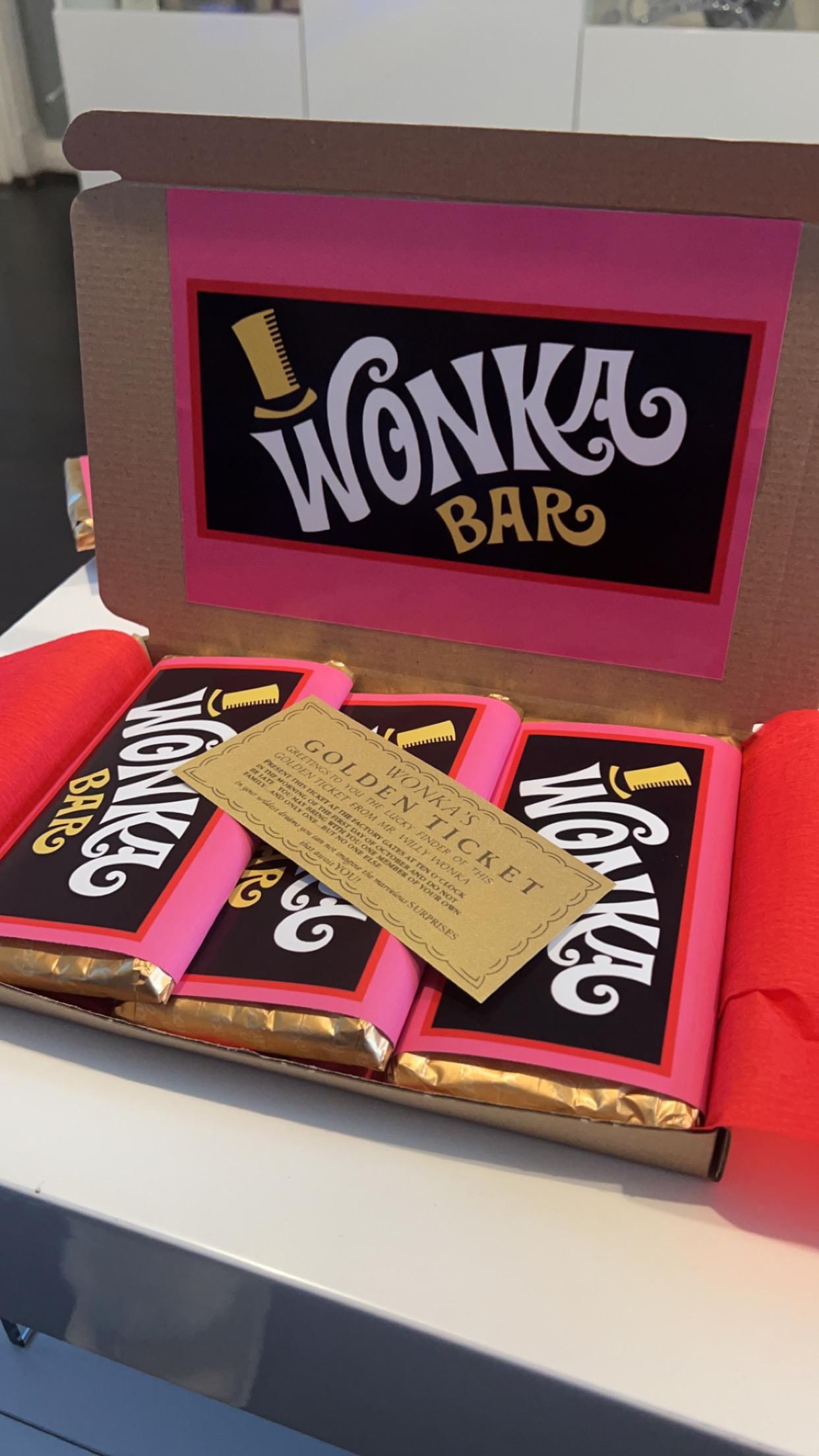 Wonka Bar Hamper Box with Golden Ticket | Chocolate Bar Wrapper Set | Wonka Inspired Party Gift | Movie Theme Candy Box | Personalised Gift