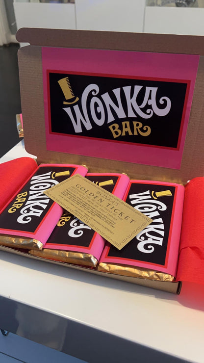 Wonka Bar Hamper Box with Golden Ticket | Chocolate Bar Wrapper Set | Wonka Inspired Party Gift | Movie Theme Candy Box | Personalised Gift