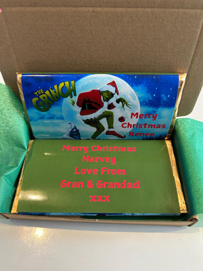 Personalised Grinch Chocolate Bar Wrapper Christmas Xmas Present Gift Stocking Filler
