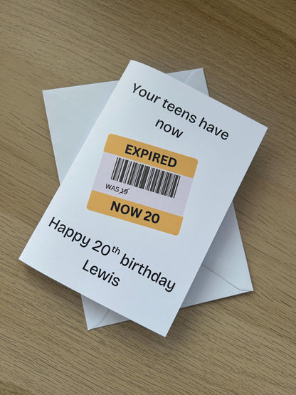 Personalised Happy 20th Birthday Card Funny Expired Teens 20th Birthday Card, Card for 20th Birthday, Card for 20 Year Old,