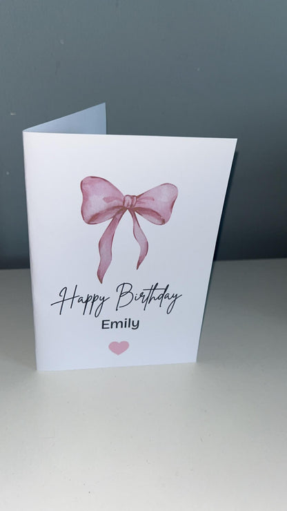 Personalised Happy Birthday Card Pink Bow Girls Name Greetings Card
