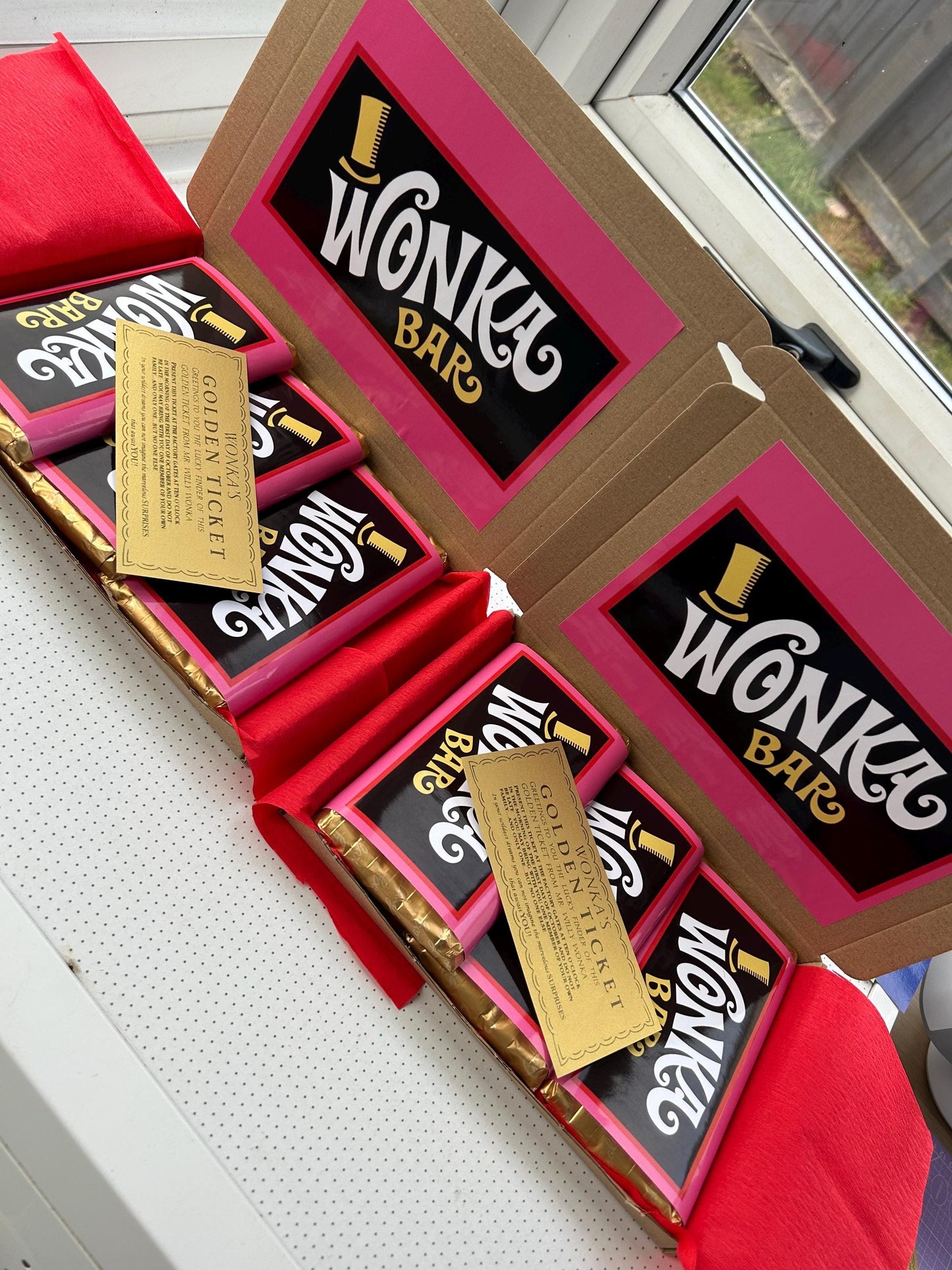Wonka Bar Hamper Box with Golden Ticket | Chocolate Bar Wrapper Set | Wonka Inspired Party Gift | Movie Theme Candy Box | Personalised Gift