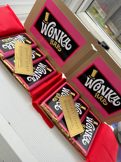 Wonka Bar Hamper Box with Golden Ticket | Chocolate Bar Wrapper Set | Wonka Inspired Party Gift | Movie Theme Candy Box | Personalised Gift