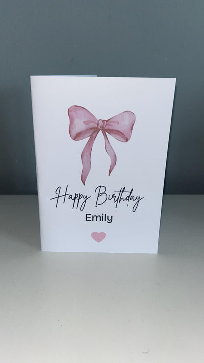 Personalised Happy Birthday Card Pink Bow Girls Name Greetings Card
