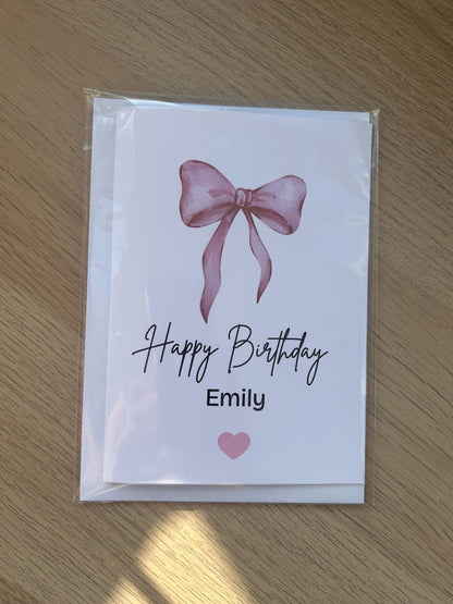 Personalised Happy Birthday Card Pink Bow Girls Name Greetings Card