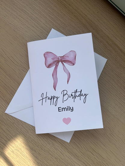 Personalised Happy Birthday Card Pink Bow Girls Name Greetings Card