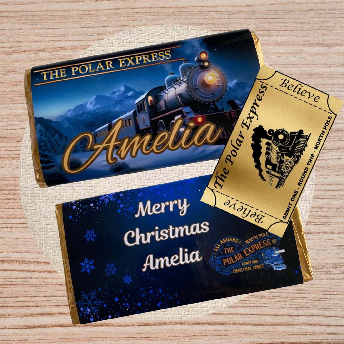 Personalised Polar Express Chocolate Bar Wrapper + Golden Ticket Christmas Gift