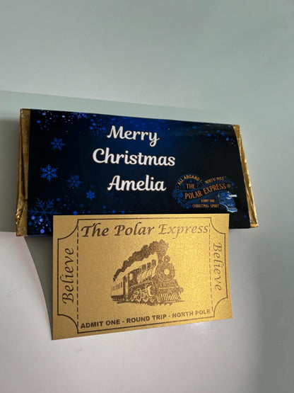 Personalised Polar Express Chocolate Bar Wrapper + Golden Ticket Christmas Gift