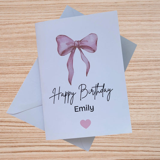 Personalised Happy Birthday Card Pink Bow Girls Name Greetings Card