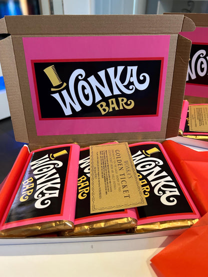 Wonka Bar Hamper Box with Golden Ticket | Chocolate Bar Wrapper Set | Wonka Inspired Party Gift | Movie Theme Candy Box | Personalised Gift
