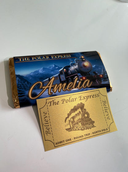 Personalised Polar Express Chocolate Bar Wrapper + Golden Ticket Christmas Gift