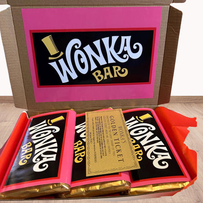 Wonka Bar Hamper Box with Golden Ticket | Chocolate Bar Wrapper Set | Wonka Inspired Party Gift | Movie Theme Candy Box | Personalised Gift