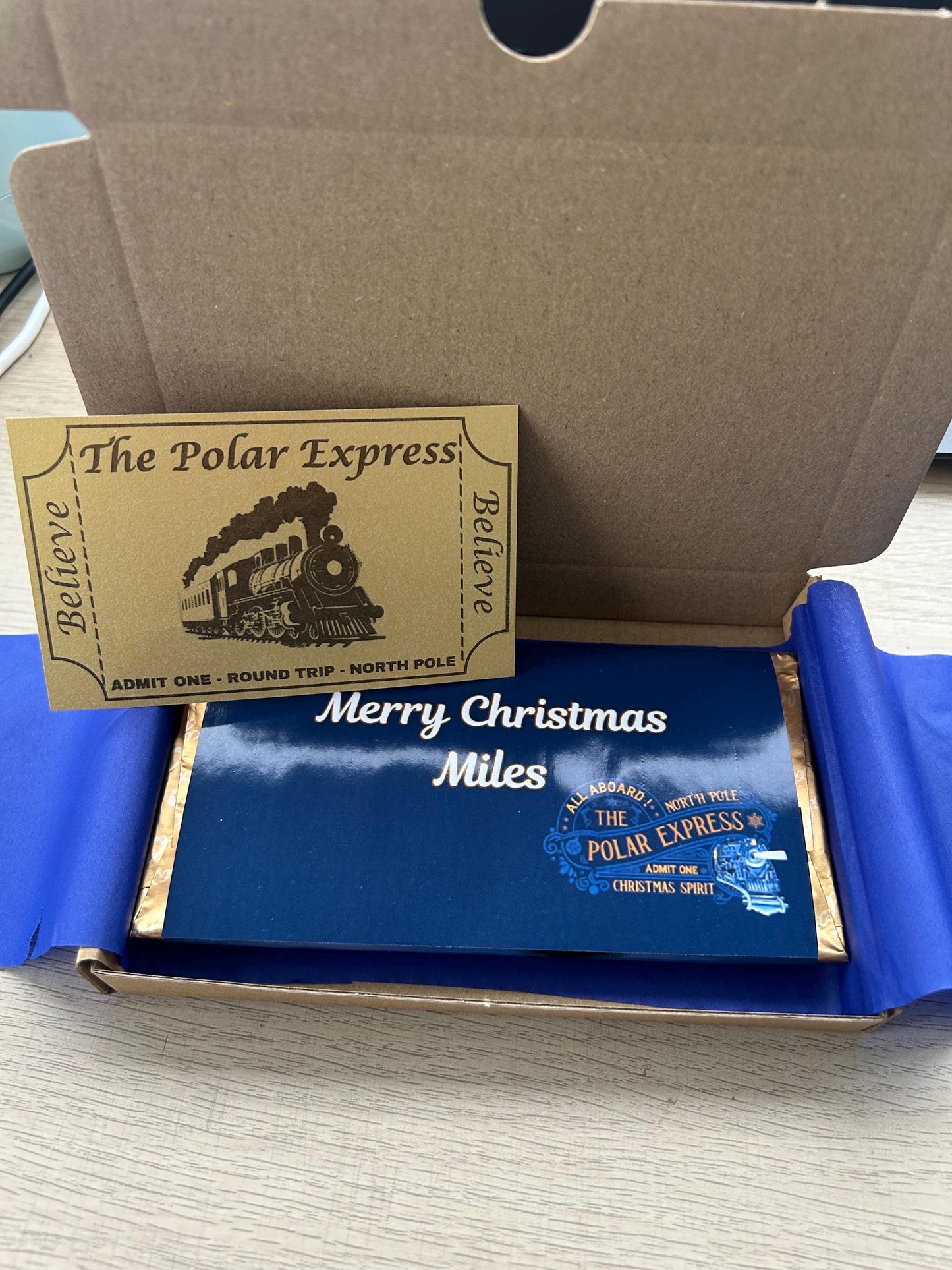 Personalised Polar Express Chocolate Bar Wrapper + Golden Ticket Christmas Gift