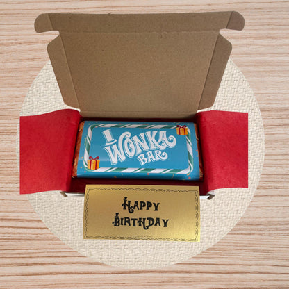 Happy Birthday Wonka Chocolate Bar+ Golden Ticket Birthday Christmas (Blue)