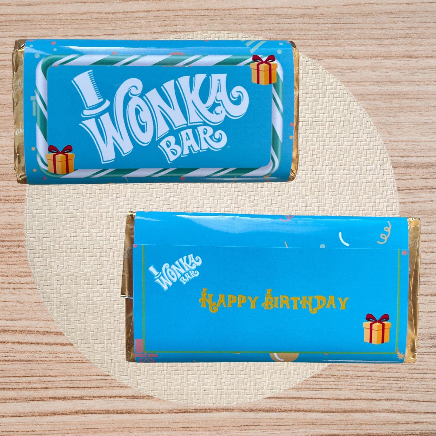Happy Birthday Wonka Chocolate Bar+ Golden Ticket Birthday Christmas (Blue)