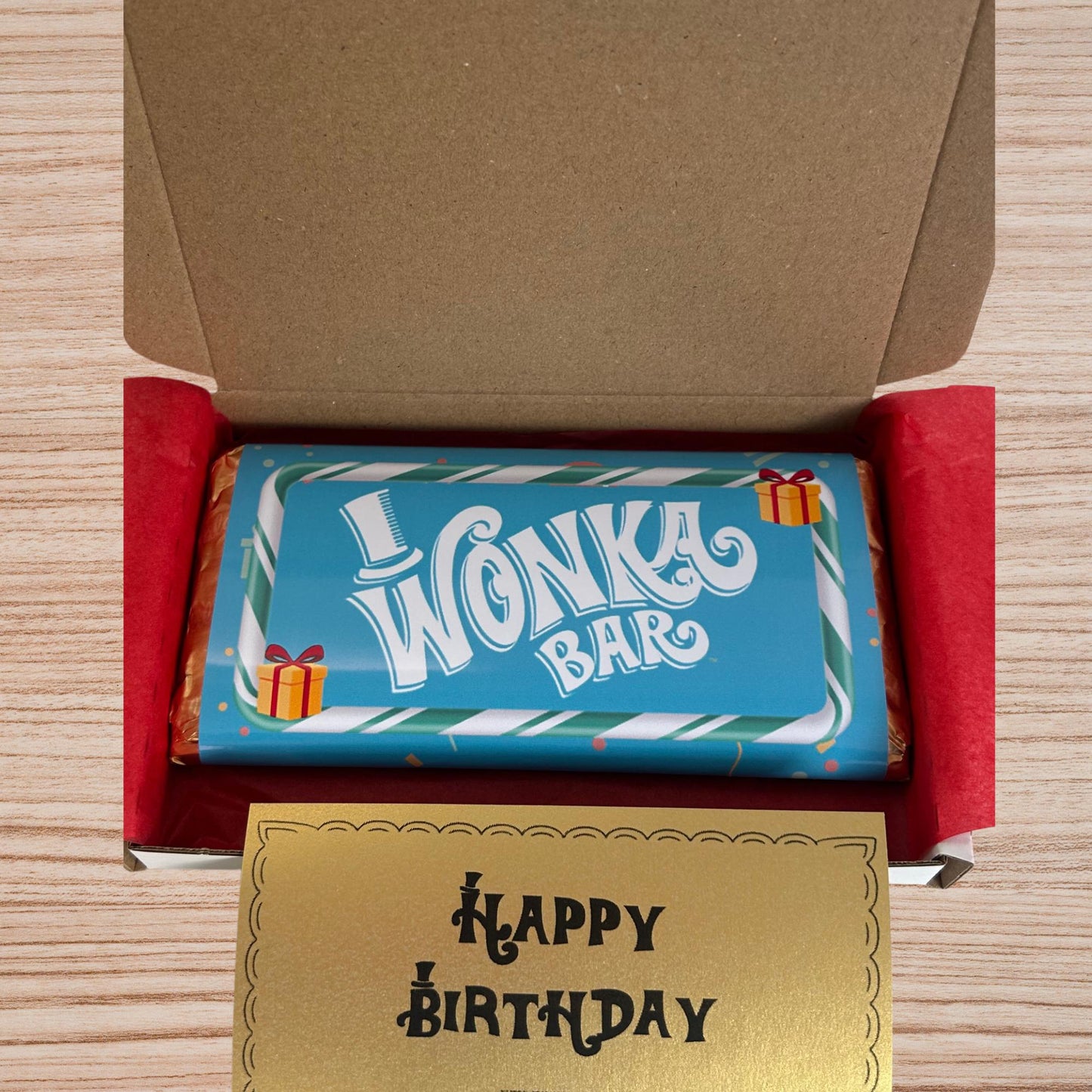 Happy Birthday Wonka Chocolate Bar+ Golden Ticket Birthday Christmas (Blue)