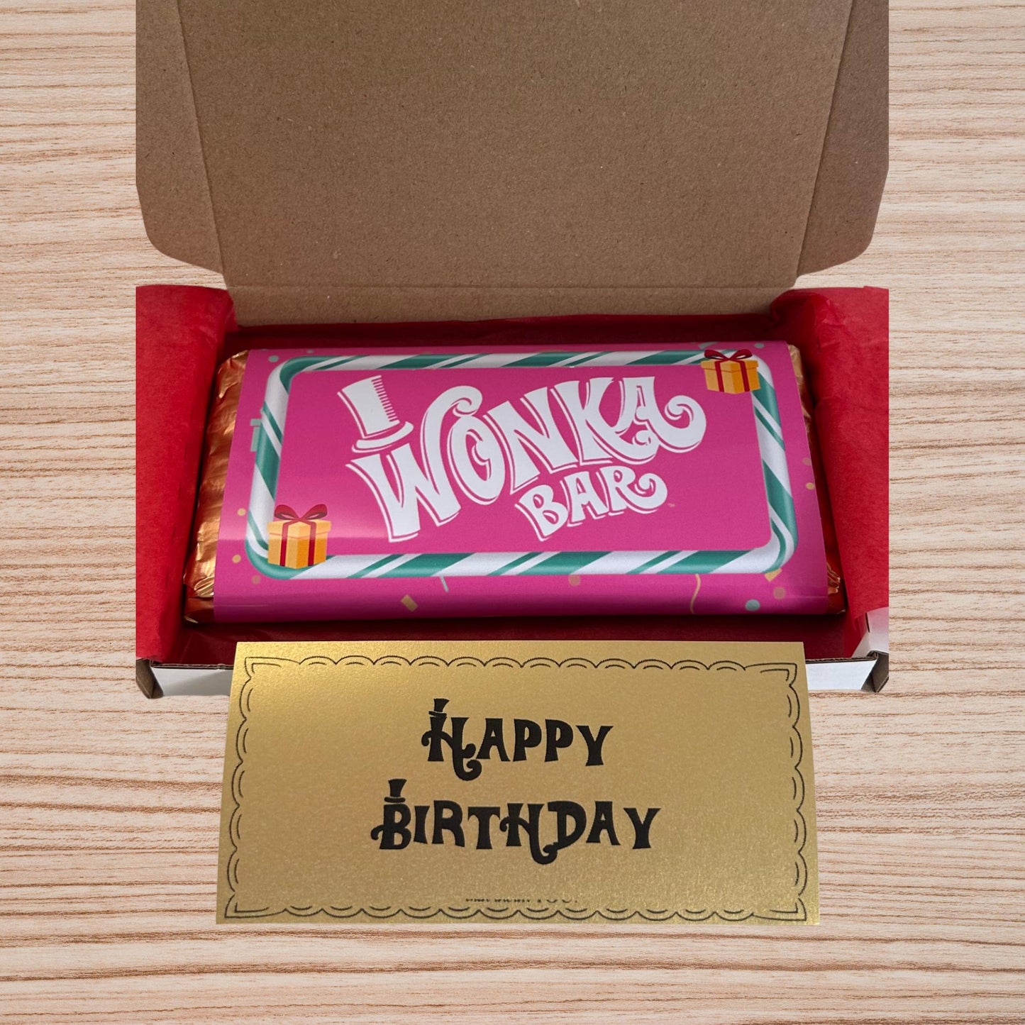 Happy Birthday Wonka Chocolate Bar+ Golden Ticket Birthday Christmas (Pink)