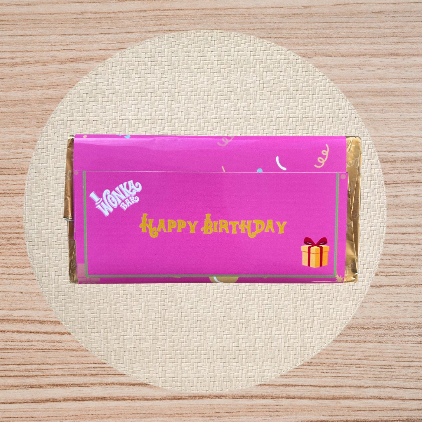Happy Birthday Wonka Chocolate Bar+ Golden Ticket Birthday Christmas (Pink)