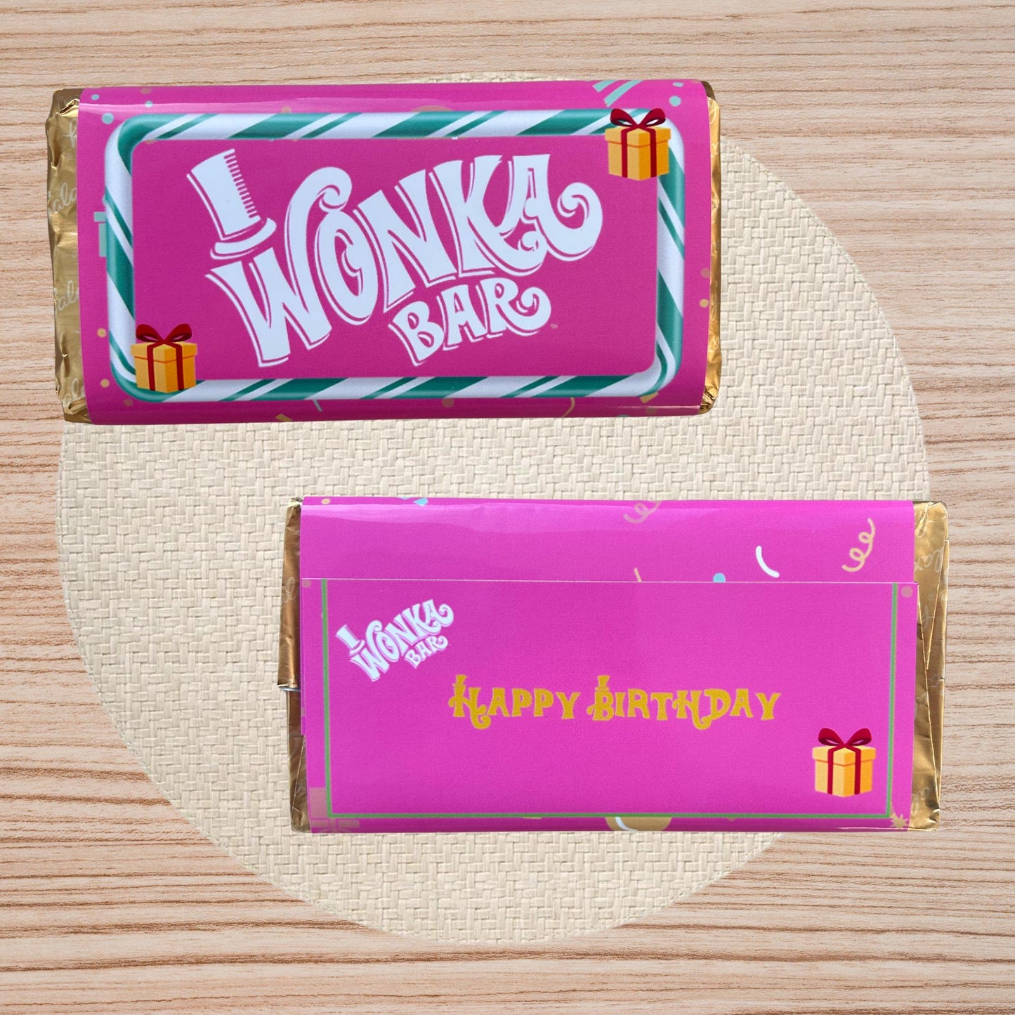 Happy Birthday Wonka Chocolate Bar+ Golden Ticket Birthday Christmas (Pink)