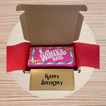 Happy Birthday Wonka Chocolate Bar+ Golden Ticket Birthday Christmas (Pink)