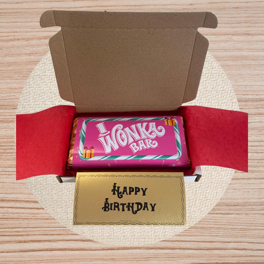 Happy Birthday Wonka Chocolate Bar+ Golden Ticket Birthday Christmas (Pink)