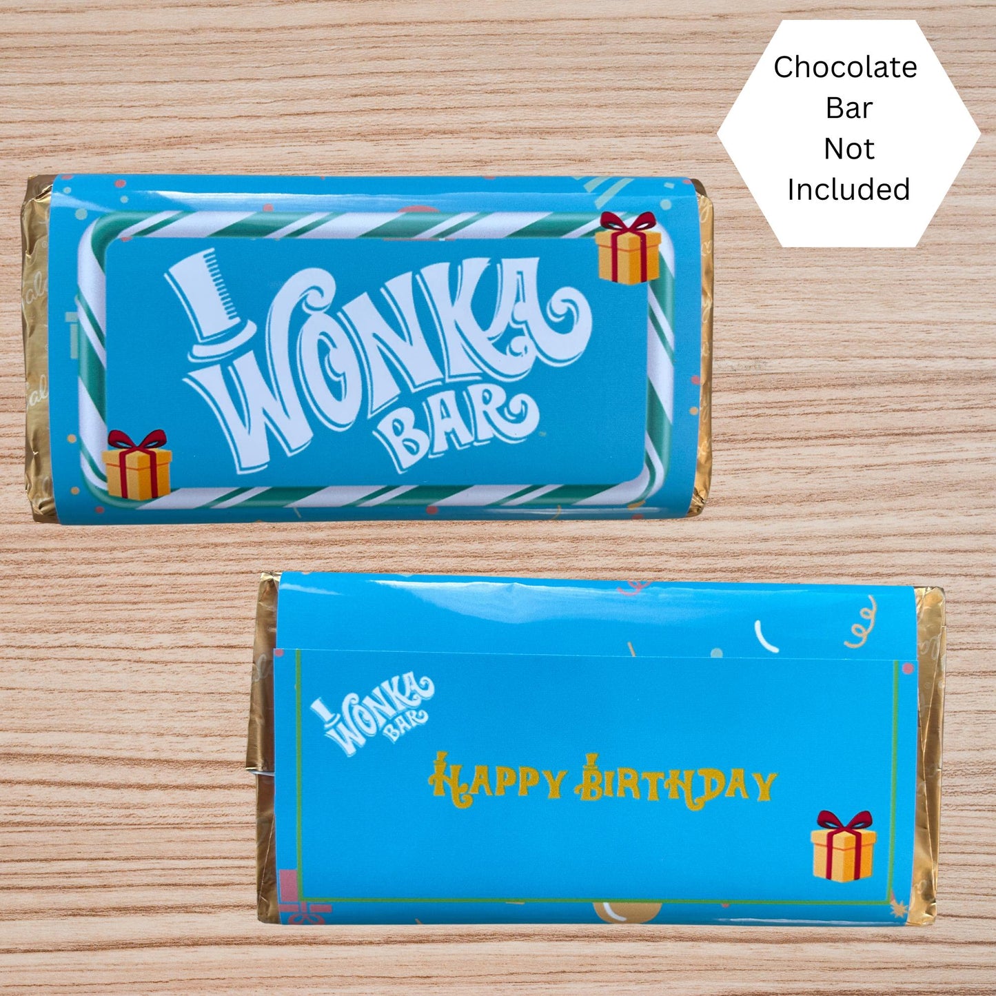 Happy Birthday Wonka Chocolate Bar Wrapper + Golden Ticket Birthday  Easter Gift (Blue)