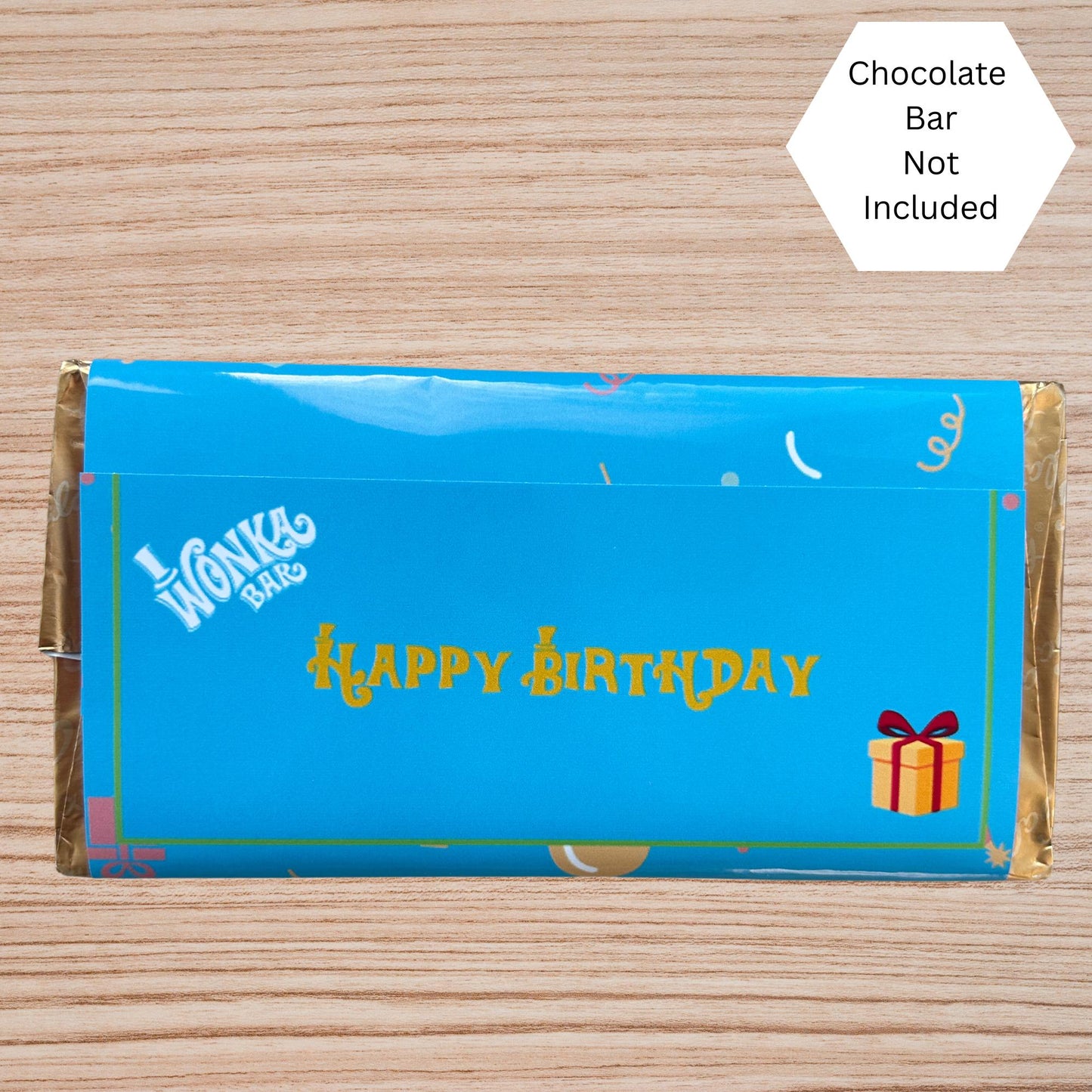 Happy Birthday Wonka Chocolate Bar Wrapper + Golden Ticket Birthday  Easter Gift (Blue)