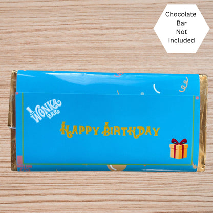 Happy Birthday Wonka Chocolate Bar Wrapper + Golden Ticket Birthday  Easter Gift (Blue)
