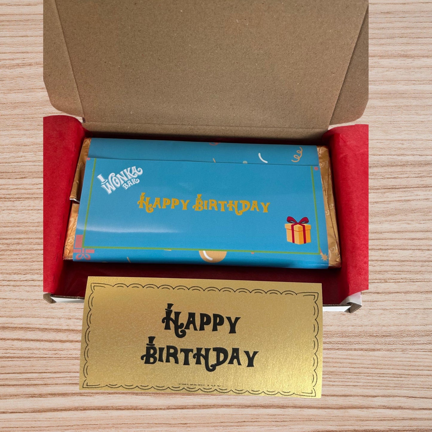 Happy Birthday Wonka Chocolate Bar+ Golden Ticket Birthday Christmas (Blue)