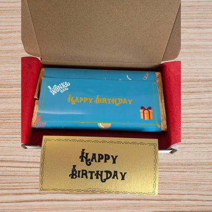 Happy Birthday Wonka Chocolate Bar+ Golden Ticket Birthday Christmas (Blue)