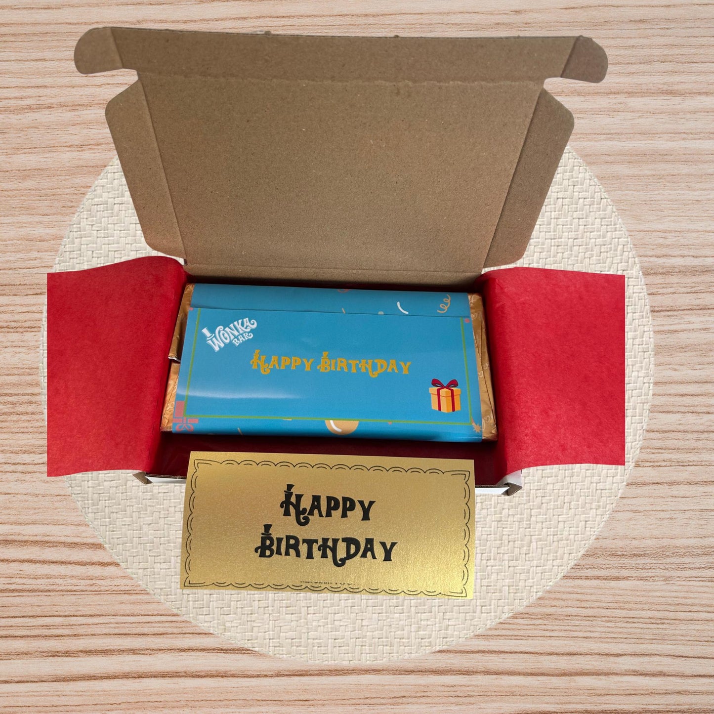 Happy Birthday Wonka Chocolate Bar+ Golden Ticket Birthday Christmas (Blue)
