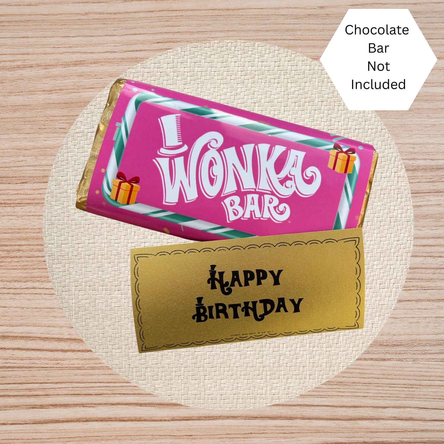 Happy Birthday Wonka Chocolate Bar Wrapper + Golden Ticket Birthday  Easter Gift (Pink)