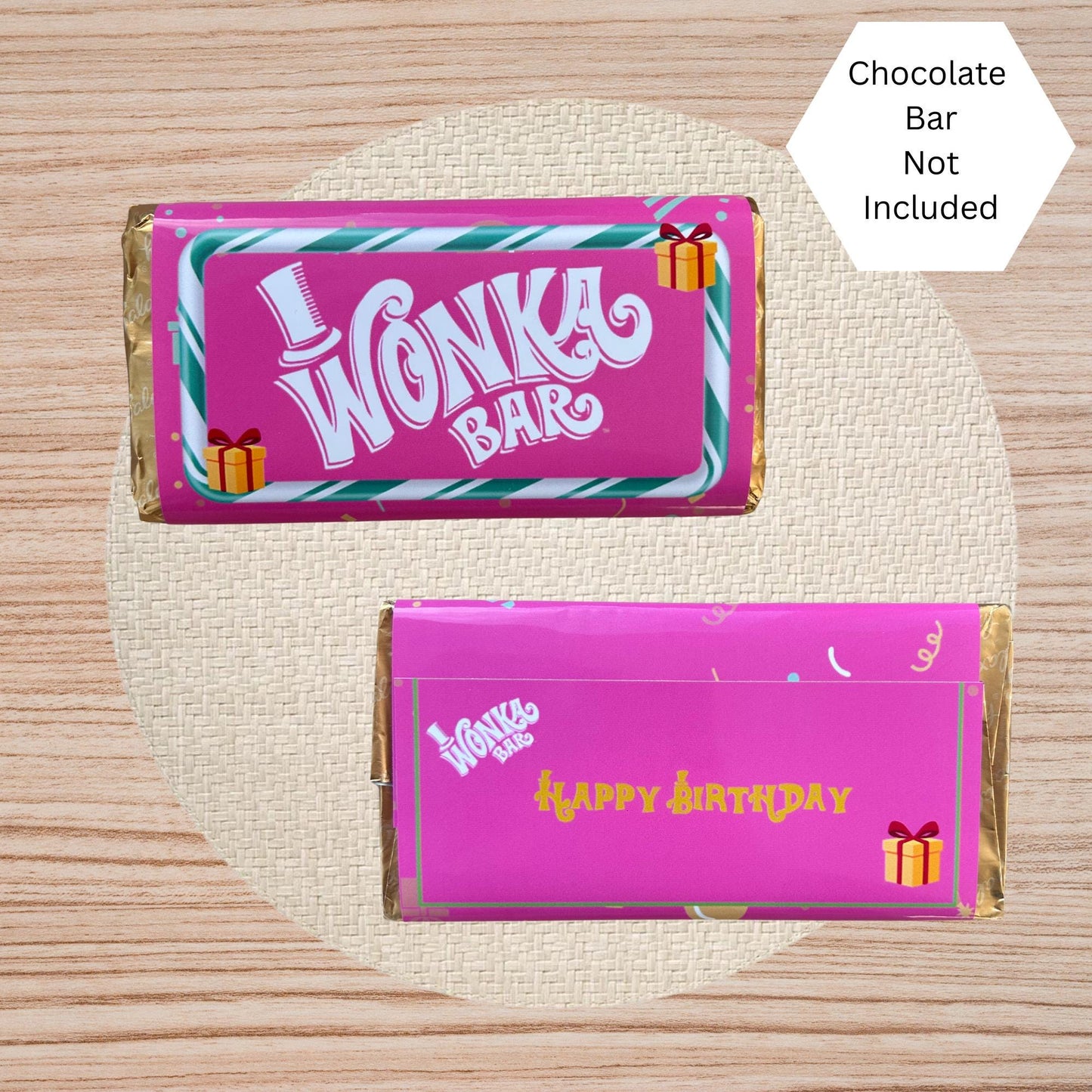 Happy Birthday Wonka Chocolate Bar Wrapper + Golden Ticket Birthday  Easter Gift (Pink)