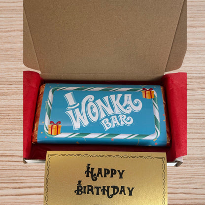 Happy Birthday Wonka Chocolate Bar Wrapper + Golden Ticket Birthday  Easter Gift (Blue)