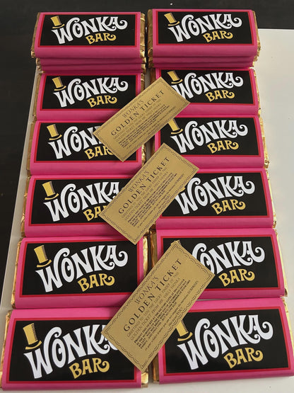 Personalised Wonka-inspired chocolate bar gift box with golden ticket for birthdays, Christmas, Easter and special occasions.