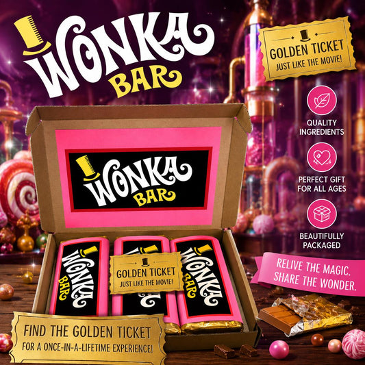 Wonka Bar Hamper Box with Golden Ticket | Chocolate Bar Wrapper Set | Wonka Inspired Party Gift | Movie Theme Candy Box | Personalised Gift